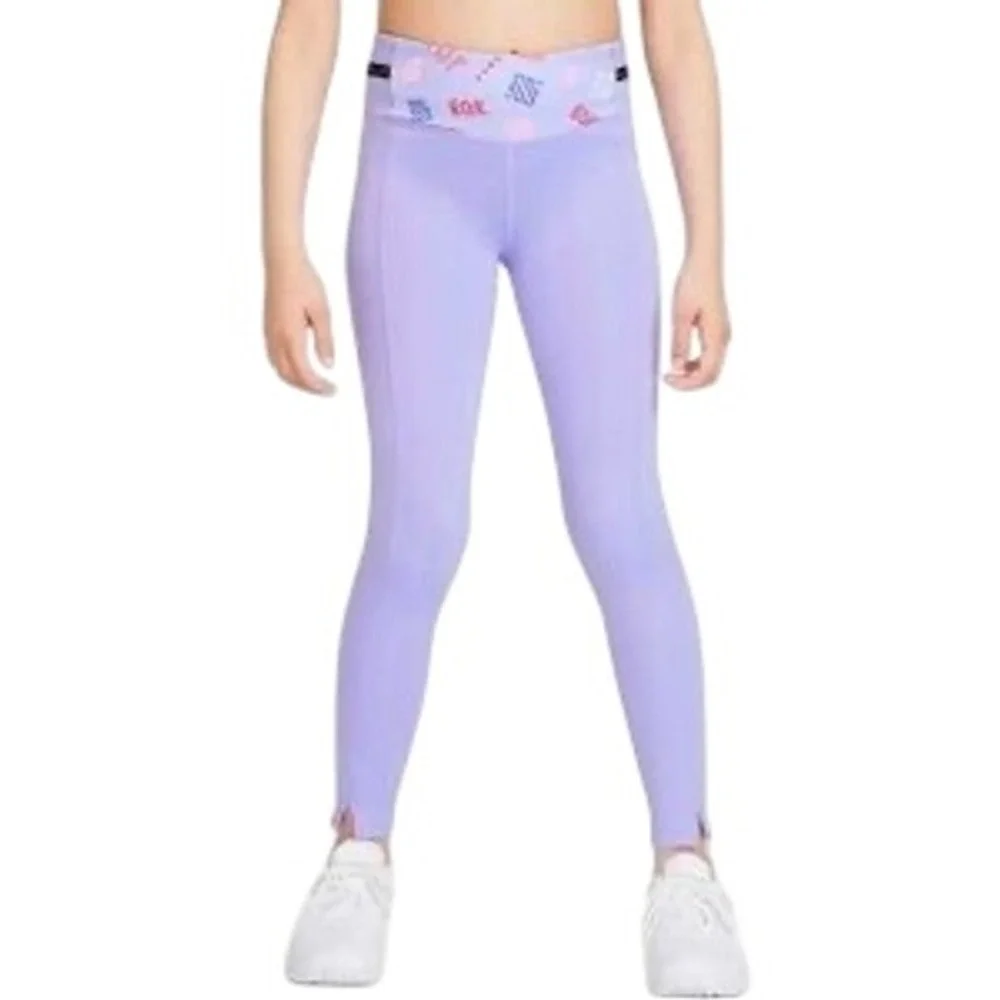 Nike Girls Dri-FIT High Rise Graphic Waist Split Hem Leggings Purple Medium M